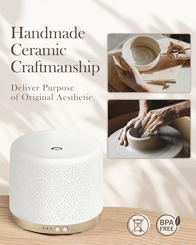 Ceramic Essential Oil Diffuser 280ml- Aromatherapy Diffuser with Ultrasonic Cool Mist Humidifier, Night Light, Timer, Auto Shut-Off, Large Room Aroma Diffuser for Home, Bedroom, Office, Yoga