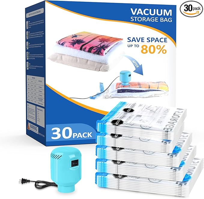 ZPP Vacuum Storage Bags with Electric Pump, 30 Pack (6 Jumbo, 6 Large, 6 Medium, 6 Small, 6 Roll Up Bags) Vacuum Seal Bags for Clothes, Mattress, Blanket, Comforters, Travel, Moving