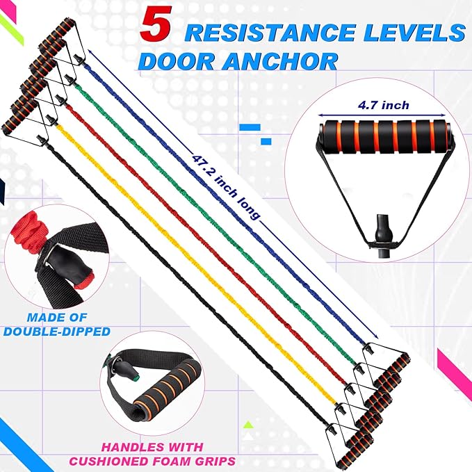 Leyndo 5 Pcs Exercise Resistance Bands with Handles Physical Resistance Tube Workout Bands with Door Anchor for Men Women Muscle Toning Strength Training