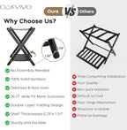 Fully Assembled Black Luggage Rack for Guest Room, Bamboo Folding Suitcase Stand with Fabric Storage Shelf, 5 Nylon Straps, Upgraded Luggage Rack Holder for Bedroom Hotel, Holds up to 165 Lbs, 1pcs