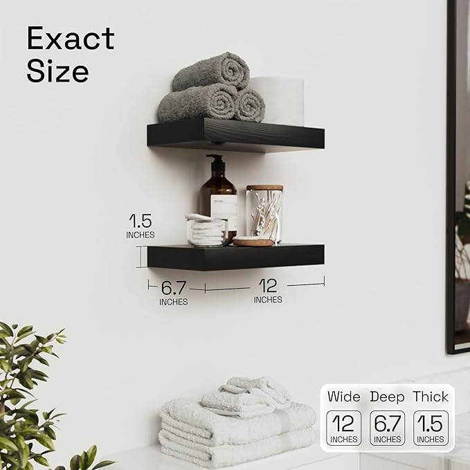 BAOBAB WORKSHOP Solid Wood Floating Shelves for Wall 12 Inch Wide, Small Wooden Shelf Kitchen Bedroom, Bathroom Shelves for Room Wall Mounted, Black Shelf, 12W × 6.7D, Set of 2