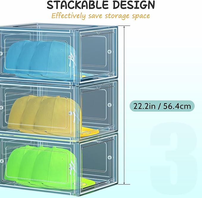 6 Pack Hat Organizer Box, Stackable Clear Baseball Caps Holder Box Containers with Magnetic Door for Hats Snapback Cap Storag, Hat Rack Display Case, Holds 8 Hats Each (Blue)