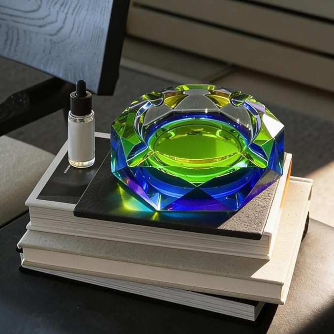 Coomin 5.9in Large Crystal Glass Ash Tray, Sparkly Cigarettes Cigar Ashtray, Ashtrays for Smokers Indoor Women Home Desktop Tabletop, Gifts for Men Women, Green