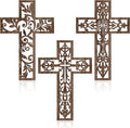 Yookeer 3 Pcs Wooden Cross Wall Decor Cross Hanging Handmade Antique Religious Brown Wooden Home Decorations Hand Carved Wall Decor for Church Home Office Baptism Gift for Christian