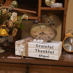 3 Pieces Wooden Decorative White Books, Rustic Farmhouse Faux Books for Coffee Table Shelves with Wood Bead Tassels and Leaves, 7'x 4.6'x 2.5' (Grateful, Thankful, Blessed)