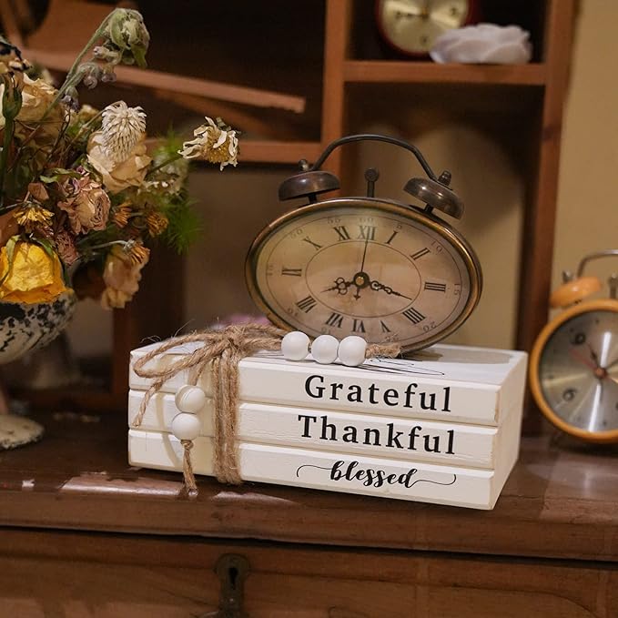 3 Pieces Wooden Decorative White Books, Rustic Farmhouse Faux Books for Coffee Table Shelves with Wood Bead Tassels and Leaves, 7'x 4.6'x 2.5' (Grateful, Thankful, Blessed)