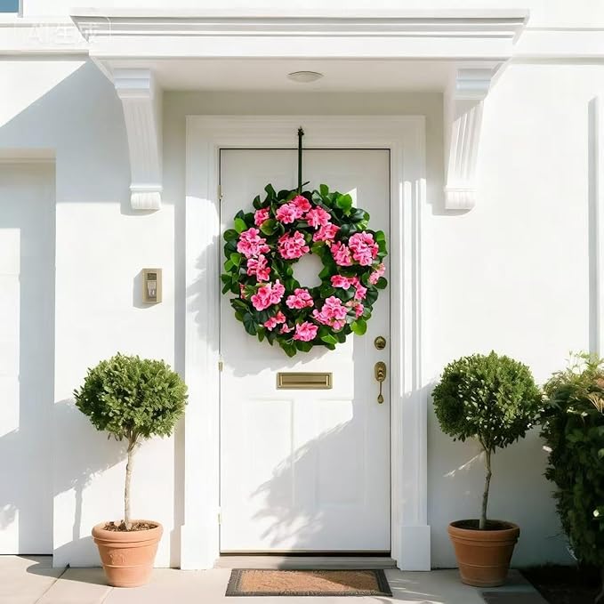 Spring Pink Wreath 24” – Floral Decor with Geranium Flowers for Front Door, Entry, Porch Display, Easter, Thanksgiving, Christmas
