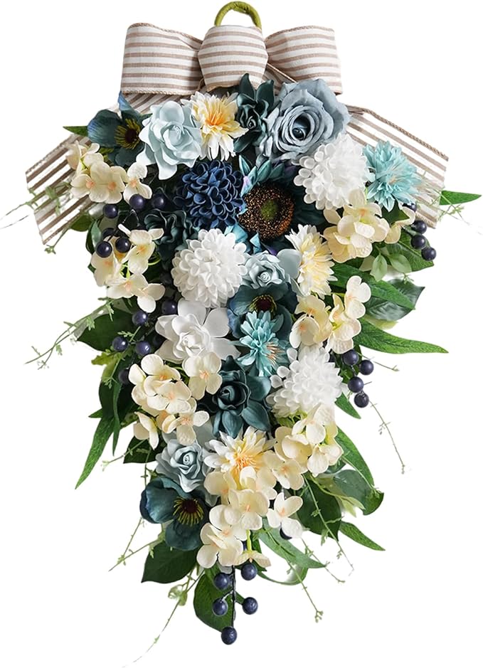 Idyllic 25 Inch Spring Blue Rose Door Hanging Artificial Floral Swag for Front Door Window Porch Stair Railing Spring Holiday Indoor Outdoor Home Decor