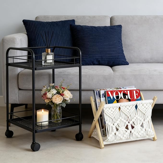 Boho Macrame Magazine Holder,Hand-Woven Magazine Rack for Home Office Desktop, Storage Basket for Letters, Magazines, Books and Newspapers (White)