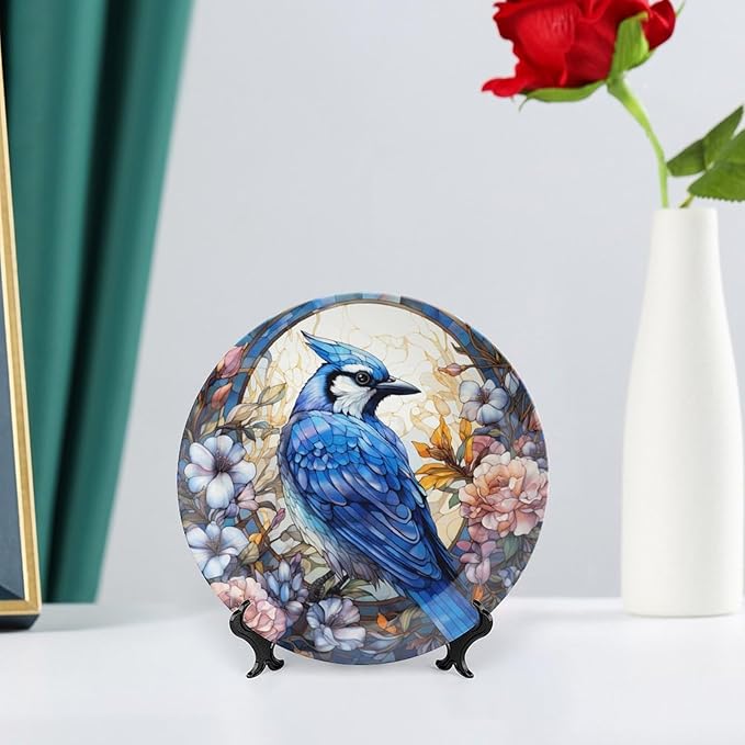 Blue Jay and Flowers Stained Glass Painting Decorative Plates Home Decor Ceramic Plates, Dinner Plates Display for Kitchen, Hallway Console Side Table, Presents for Blue Jay Lovers, 6 Inch