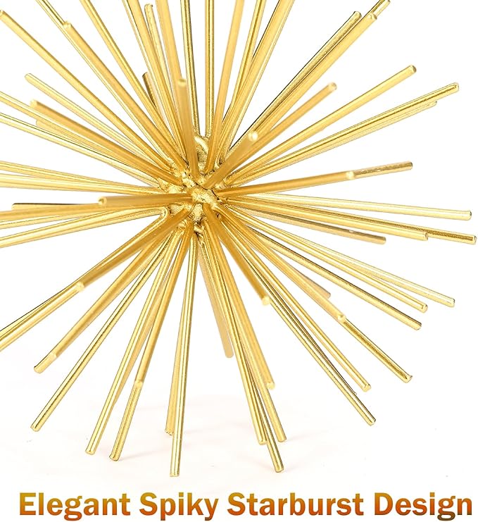 Metal Decorative Starburst Ball, 6 Inch Gold Sphere Decor, Spiky Star Burst Tabletop Sculpture, Mid-Century Modern Metal Spike Ball for Home, Living Room, Office & Shelf Decor