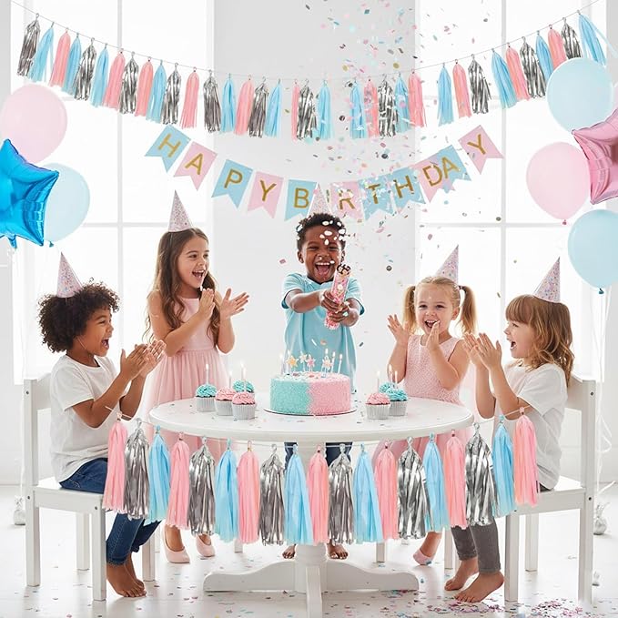 Pink Blue and Silver Tissue Paper Tassel Banner for Gender Reveal Birthday,Baby Shower Party Decorations,15 Pcs