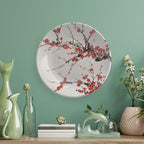 Japanese Spring Theme Decorative Ceramic Plate Round Porcelain Plate,Plum Tree Blossoms Pattern,for Decorative Ornaments Giving Plates, 1 Plate with 1 Display Stand,Red Beige,6 inch