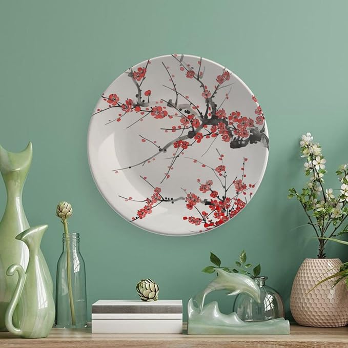 Japanese Spring Theme Decorative Ceramic Plate Round Porcelain Plate,Plum Tree Blossoms Pattern,for Decorative Ornaments Giving Plates, 1 Plate with 1 Display Stand,Red Beige,10 inch