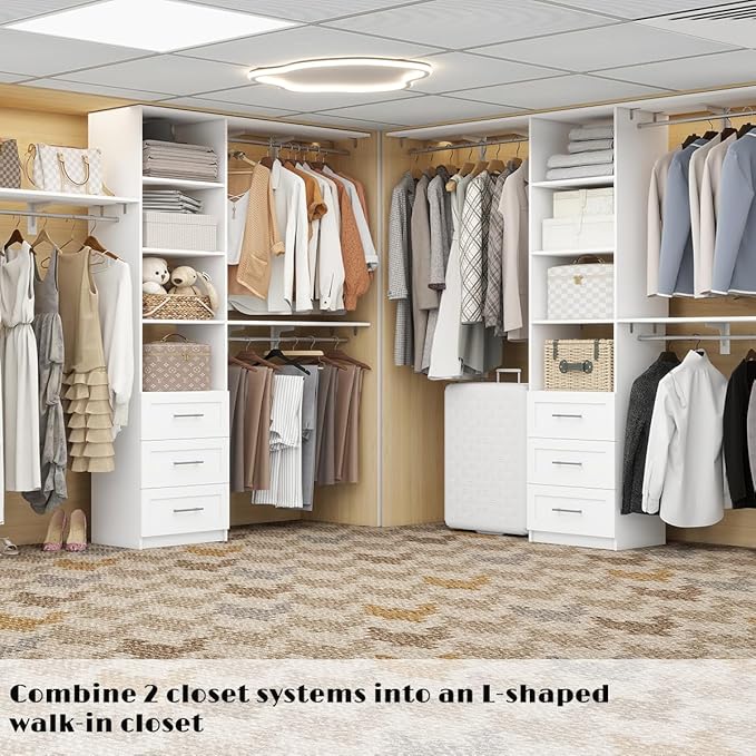 Dilando Closet Organizer System with Drawers, 5FT - 8FT Closet Shelving System 96" Walk in Wood Corner Closet Storage System with 4 Shelves Custom Hanging Rods Heavy Duty Wall Mount, White