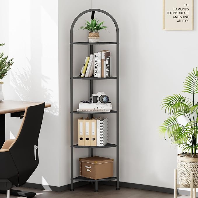Homhedy 5-Tier Arched Corner Shelf Stand, Wall Corner Bookshelf with Metal Frame, Plant Stand, Industrial Storage Rack Shelf for Living Room, Bedroom, Office, Bathroom, Black