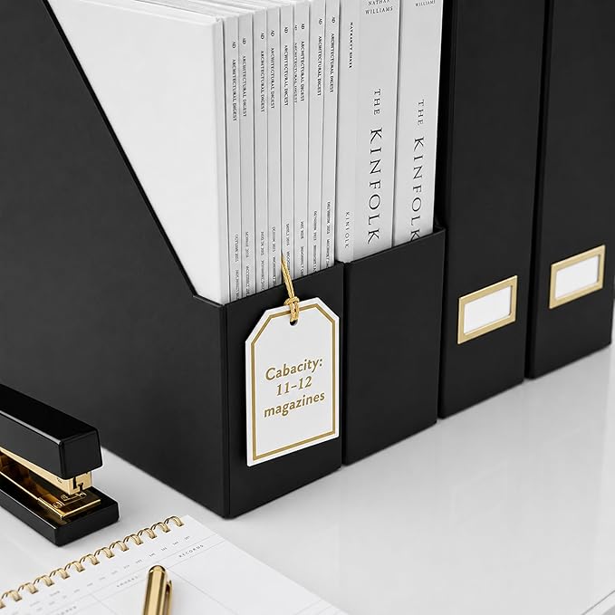 BLU MONACO | Cardboard Magazine File Holder Set of 6 Black | Vertical Magazine File Holder with Gold Label Slots | Standing File Holder and Cardboard Bins for Shelves Desk Storage