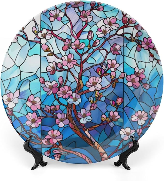 Stained Glass Theme Decorative Ceramic Plate Round Porcelain Plate,6 inch,Cherry Tree Pattern,for Decorative Ornaments Giving Plates, 1 Plate with 1 Display Stand,Blue Pink