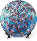 Stained Glass Theme Decorative Ceramic Plate Round Porcelain Plate,6 inch,Cherry Tree Pattern,for Decorative Ornaments Giving Plates, 1 Plate with 1 Display Stand,Blue Pink