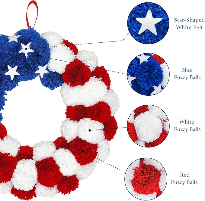 Patriotic Wreath 18 Inch American Flag Wreath for Front Door, Americana Plush Ball Red White and Blue with Stars Decor for 4th of July Memorial Day Veterans Day