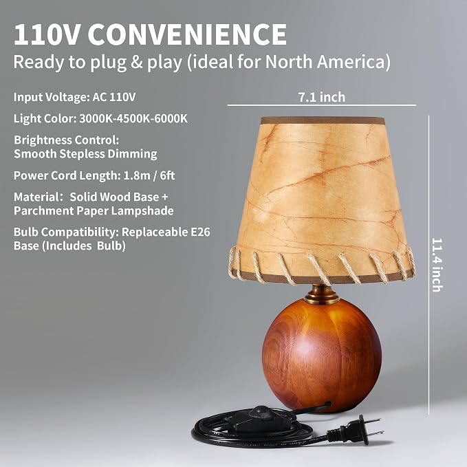 Mid-Century Modern Table Lamp, Spherical Solid Walnut Wood Base, Imitation Parchment Shade with Hand-Stitched Rope, 3-Color Dimmable LED Bedside Lamp for Nightstand & Japandi Decor