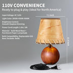 Mid-Century Modern Table Lamp, Spherical Solid Walnut Wood Base, Imitation Parchment Shade with Hand-Stitched Rope, 3-Color Dimmable LED Bedside Lamp for Nightstand & Japandi Decor