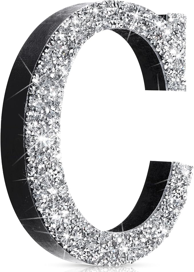 Qunclay 12'' Silver Crystal Diamond Bling Letters Crushed Diamond Decoration Wooden Glitter Letter with Screw and Hooks Rhinestone Gift for Wedding Y2k Mcbling Bedroom Wall Decor (Letter C)