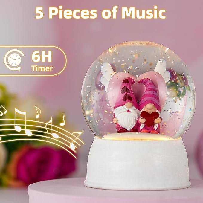 Valentines Day Decor Musical Gnomes Snow Globe, Couple Gnomes Lighted Snow Globe with 6H Timer, USB/Battery Operated, Birthday Wedding Valentine's Day Gifts for Women