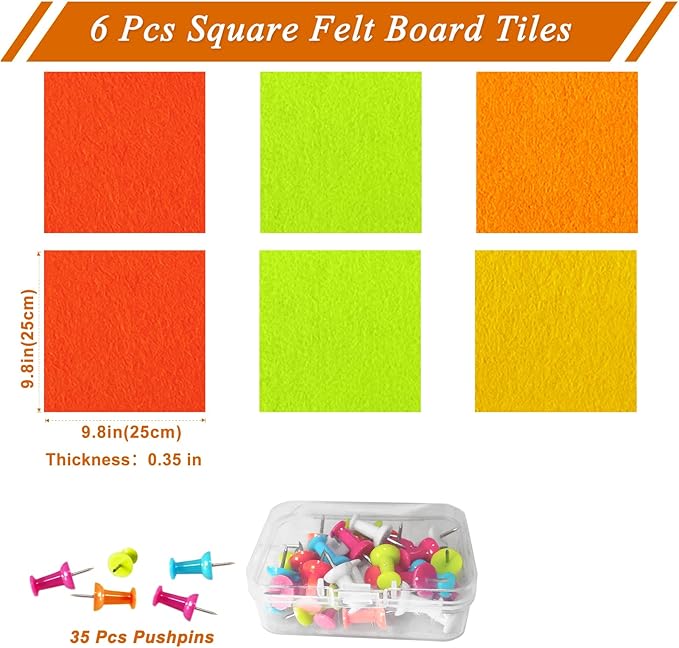 Square Felt Cork Bulletin Board Tiles, Self Adhesive DIY Felt Pin Board for Wall 30" x 20" with 35 Pushpins for Office School Home Wall Decor Stickers Memos Photos Display (Gradual Orange)