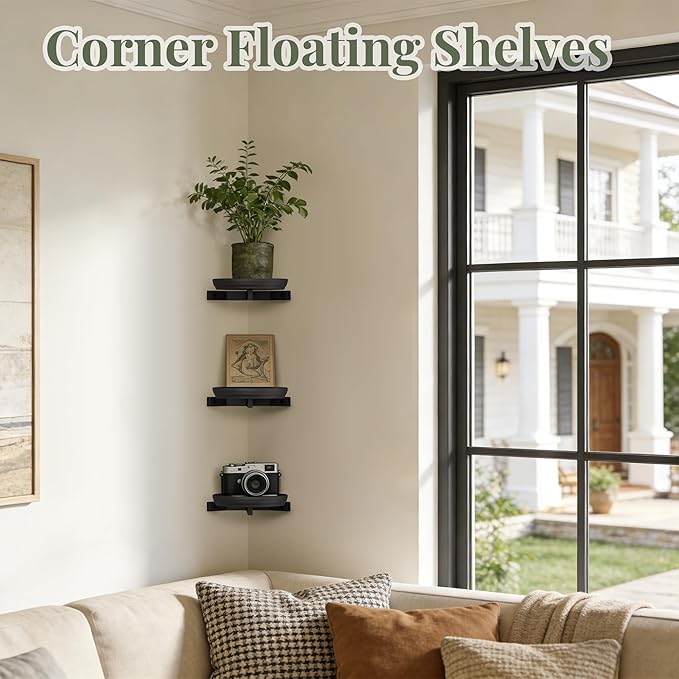 BXF Floating Plant Shelves for Wall Set of 3, Heavy Duty Matte Black Corner Wall Planters for Indoor Plants, Minimalist Round Corner Shelf with Safety Guardrail, Rust-Proof Hanging Plant Holder