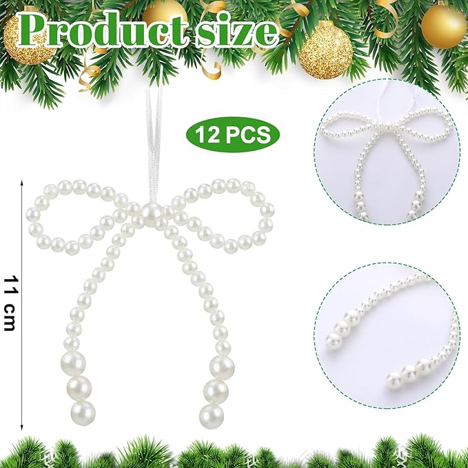 VioraWhite 12 Pcs Pearl Bow Ornaments Bowknot Tree Topper Decor Hanging Ornament Pendant Gift for Wedding Birthday Party Indoor Decoration (White)