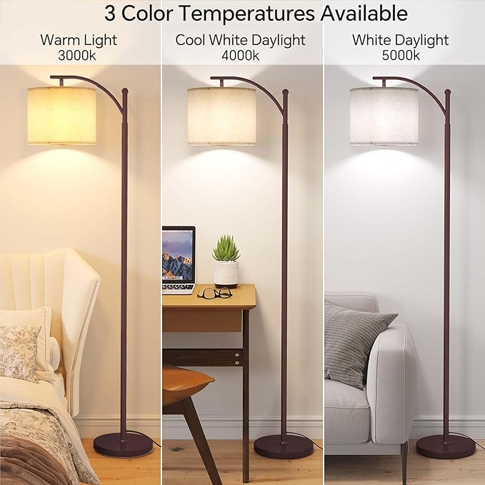 SUNMORY Arc Floor Lamp, Modern Floor Lamp with 9W 3 Color Temperatures Bulb, Metal Standing Lamps with Adjustable Hanging Lampshade, Tall Floor Lamps for Living Room, Bedroom, Office