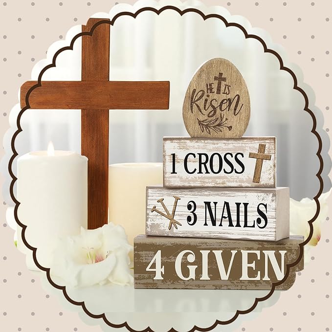 Lineshading 4 Pcs Easter Table Decoration Easter Gifts He Is Risen Tiered Tray Decor Christian Gifts Wooden Eggs Basket Stuffers Centerpieces for Holy Week Home Kitchen Party Decorations