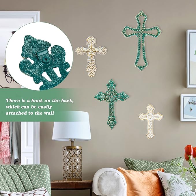Sungmor 4PC Heavy & Sturdy Embossed Cast Iron Cross Decor for Wall, Beautiful Vintage Decorative Hanging Crosses Wall Decor, Distressed White & Green Religious Wall Sculptures Metal Wall Arts Crosses