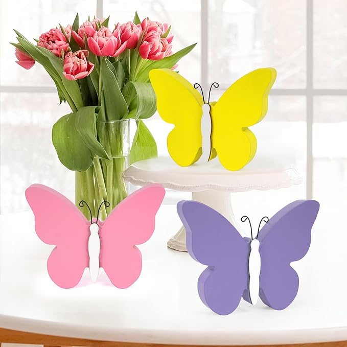 3Pcs Spring Butterfly Decorations for Home, Rustic Wooden Butterfly Decorative Accessories Spring Table Centerpiece Tiered Tray Decor