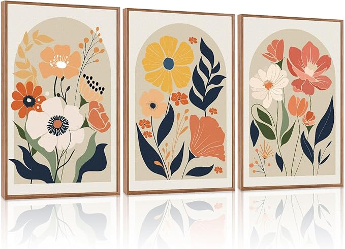KAIRNE Boho Canvas Wall Art,Abstract Floral Wall Decor,Modern Minimalist Prints Set of 3(24”X36”),Botanical Wall Art Paintings,Bohemian Mid Century Artwork for Living Room Bedroom Office Decor,Framed
