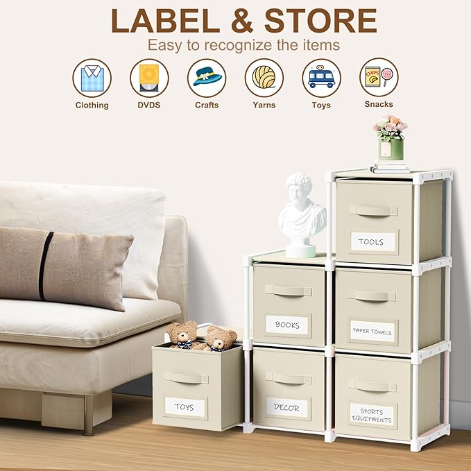 Geelin 6 Cube Storage Organizer with Fabric Bins and Labels 11 Inch, Fabric Collapsible Cubby Clothes Storage Drawer Dresser for Bedroom Living Room Office Organization