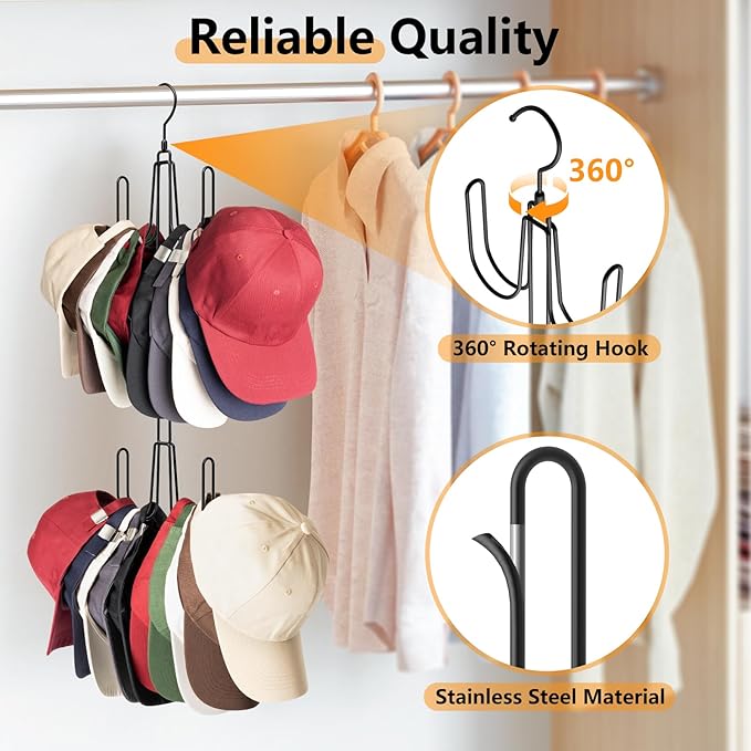 Hat Hangers for Closet, Stainless Steel Hat Organizer, Hat Racks for Baseball Caps, Cap Organizer for Baseball Caps, 2 Pack