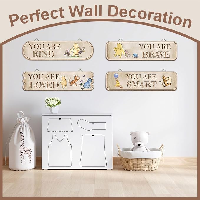 Hatzelou 4PCS Classic Winnie Baby Room Decor, Pooh Nursery Decor, the Pooh Wall Decor Sign Gifts, You Are Kind Brave Inspirational Quotes, Adorable Winnie Sign for Home Bedroom Nursery