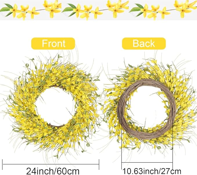 GTIDEA 24" Spring Summer Wreaths for Front Door Artificial Forsythia Flower Wreath on Grapevine Yellow Door Wreath Floral Wreath for Home Indoor Wall Window Garden Porch Farmhouse Decor