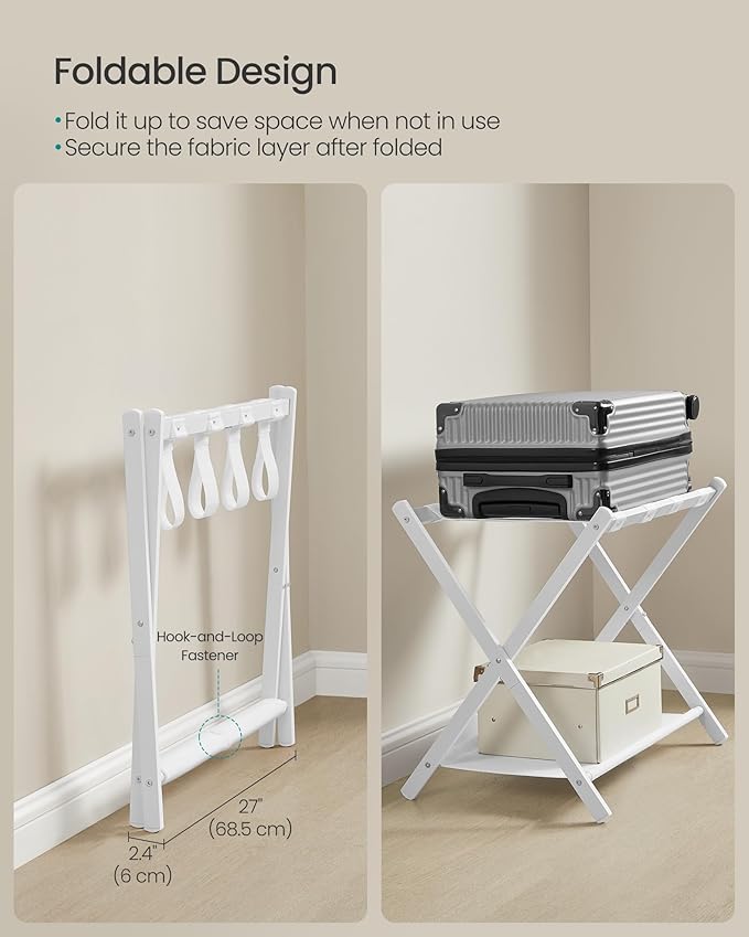 SONGMICS Luggage Rack for Guest Room, Suitcase Stand with Storage Shelf, Steel Frame, Foldable for Easy Storage, Hotel, Bedroom, Cloud White URLR003W01