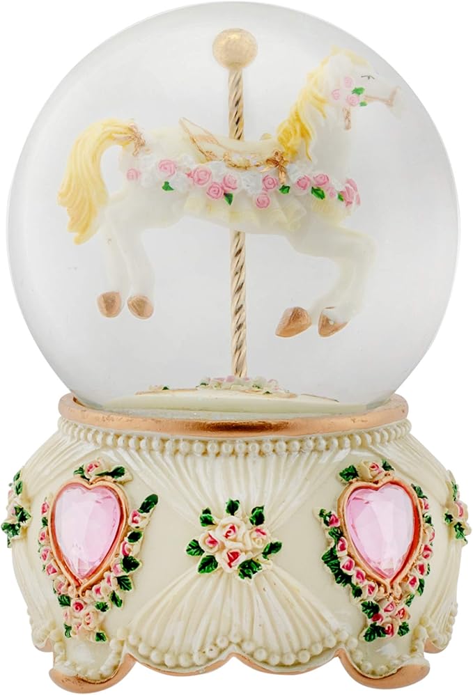 Elanze Designs Rose Garland Horse and Carousel 100MM Sturdy Wind Up Musical Glitter Water Snow Globe Tabletop Dresser Nightstand Figurine Decoration Plays Tune Carousel Waltz