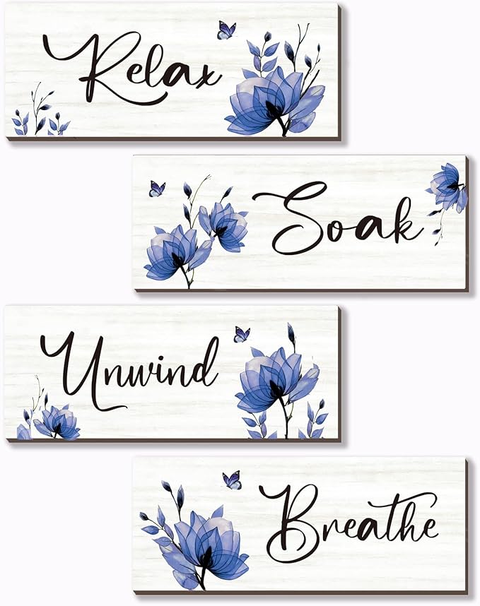 ONIZHITY Set of 4 Blue Bathroom Decor With Navy Blue Flower Wall Decor Inspire Relax Soak Unwind Breathe Rustic Farmhouse Wooden Wall Art for Bedroom Office Living Room Kitchen Decoration(Blue 10x4)