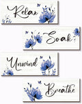 ONIZHITY Set of 4 Blue Bathroom Decor With Navy Blue Flower Wall Decor Inspire Relax Soak Unwind Breathe Rustic Farmhouse Wooden Wall Art for Bedroom Office Living Room Kitchen Decoration(Blue 10x4)