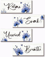 ONIZHITY Set of 4 Blue Bathroom Decor With Navy Blue Flower Wall Decor Inspire Relax Soak Unwind Breathe Rustic Farmhouse Wooden Wall Art for Bedroom Office Living Room Kitchen Decoration(Blue 10x4)