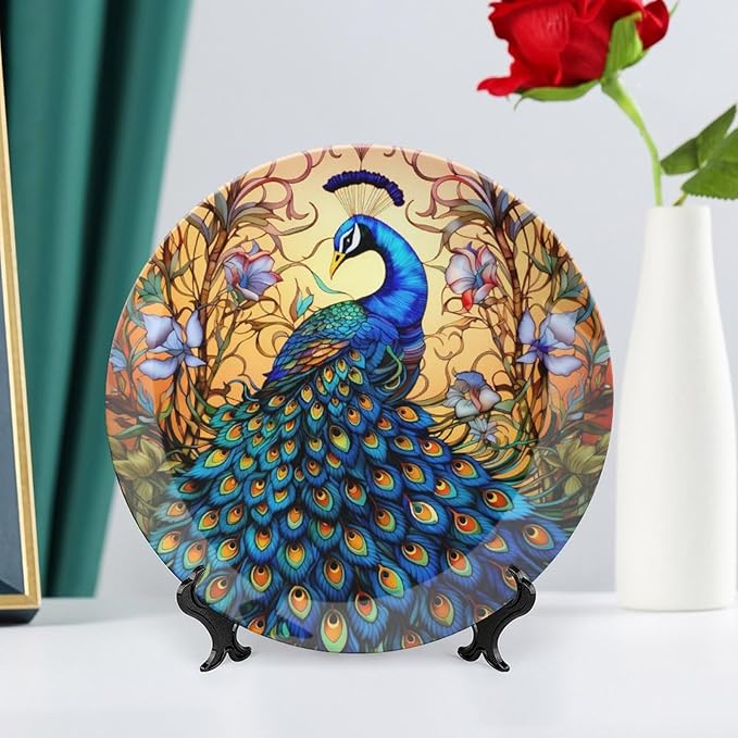 Decorative Plates, Stained Glass Design Peacock & Flower Ceramic Dinner Plate Home Wobble-Plate with Display Stand, Wall Hanging Decor for Kitchen Household 10 Inch, Gifts for Peacocks Lover