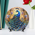 Decorative Plates, Stained Glass Design Peacock & Flower Ceramic Dinner Plate Home Wobble-Plate with Display Stand, Wall Hanging Decor for Kitchen Household 10 Inch, Gifts for Peacocks Lover
