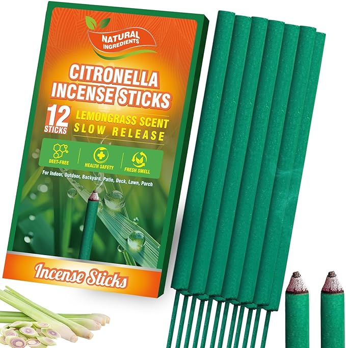 FIRIK Large Citronella Incense Sticks Outdoor, Thick Citronella Incense, Natural Lemongrass Incense Sticks for Home Pool Side Garden, Patio, Camping Trips, Porches, Courtyards, Farm, Backyard, 12 PCS