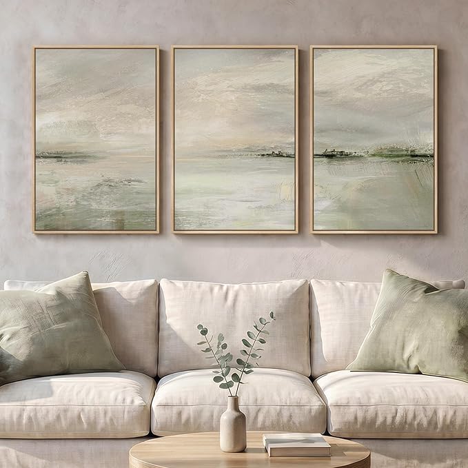 Framed Sage Green Abstract Landscape Wall Art for Bedroom, 3 Piece Modern Canvas Prints Paintings Artwork for Walls, Minimalist Nature Pictures for Living Room Dining Room Hallway Wall Decor 16x24 In