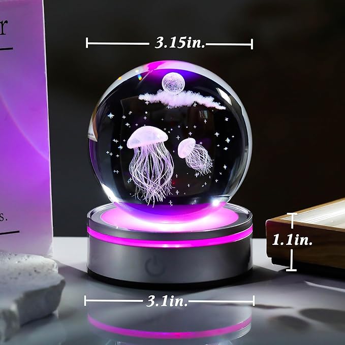 Movdyka 3D Crystal Ball Jellyfish Decor Figurine Marine Biology Gifts for Women Men Night Light, Laser Engraved Jellyfish Ornament Glass Snow Globe Room Art Decor Crafts